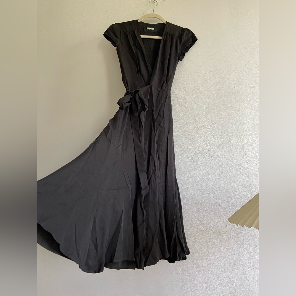 Reformation black tencel and linen deep v wrap midi dress with side bow